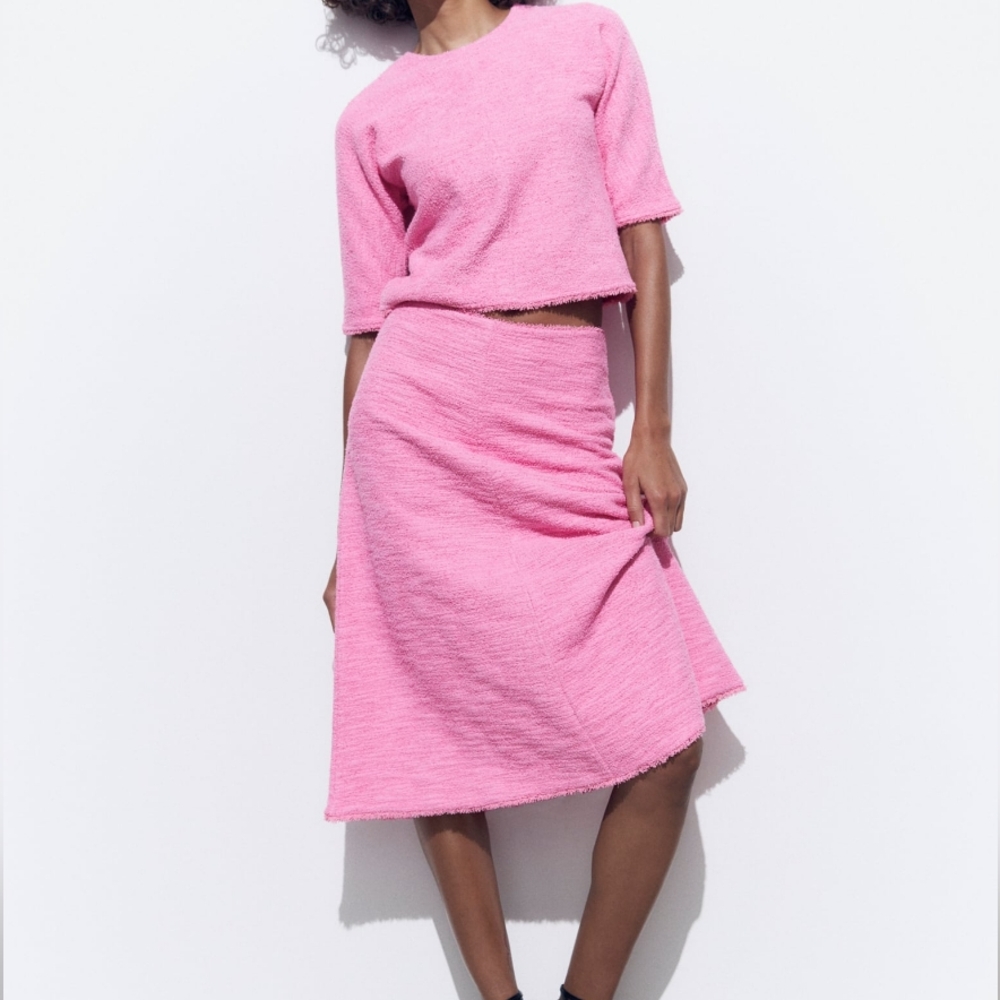 Zara Co-ord Set Structured Jacquard Top + A-line midi Skirt Pink Sz M, L BNWT